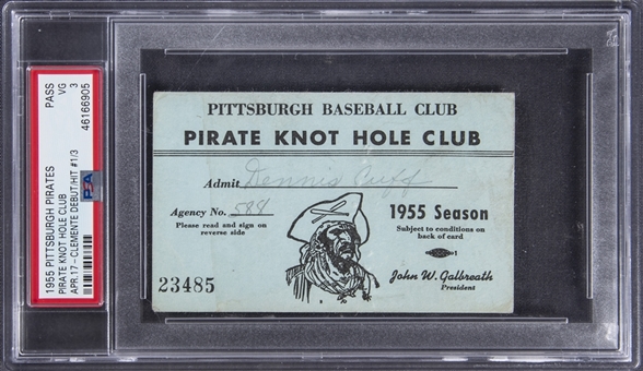 1955 Pirates Pass for Roberto Clementes MLB Debut & First Hit on 4/17/1955 - PSA VG 3